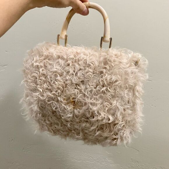 Beige Genuine Curly Shearling Top Handle & Fold Over Flap Purse, Crossbody - Picture 4 of 13